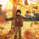 Boy playing in yellow leaves.