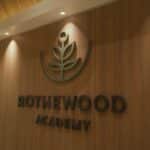 Rothewood Academy logo displayed on a wood-paneled wall